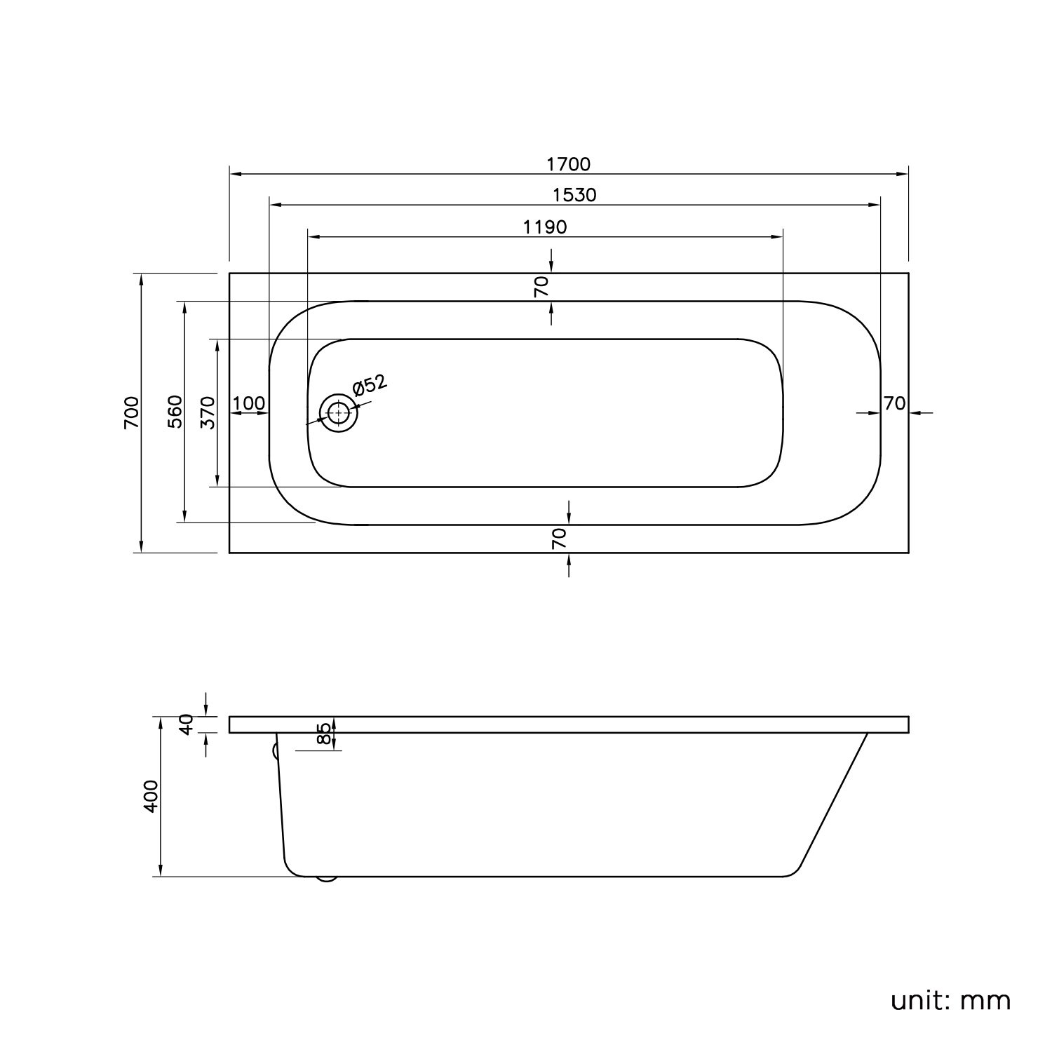 Ванна квад 170 на 85 правая установка