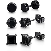 Dwearbeauty 3 Pairs Hypoallergenic CZ Black Stud Earrings for Men Women Gold Plated Square Round CZ Mens Earrings Studs for Sensitive Ears Black