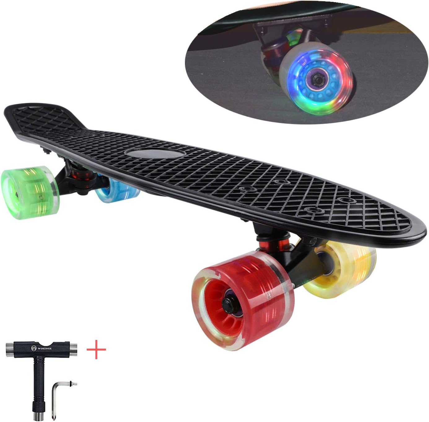 WHOME Skateboards for Kids with 60x45mm LED Light Wheel - 22" 4Th Generation Cruise Skateboard Complete for Girls, Boys, Adults, Youth, Kids and Beginners T-Tool Included