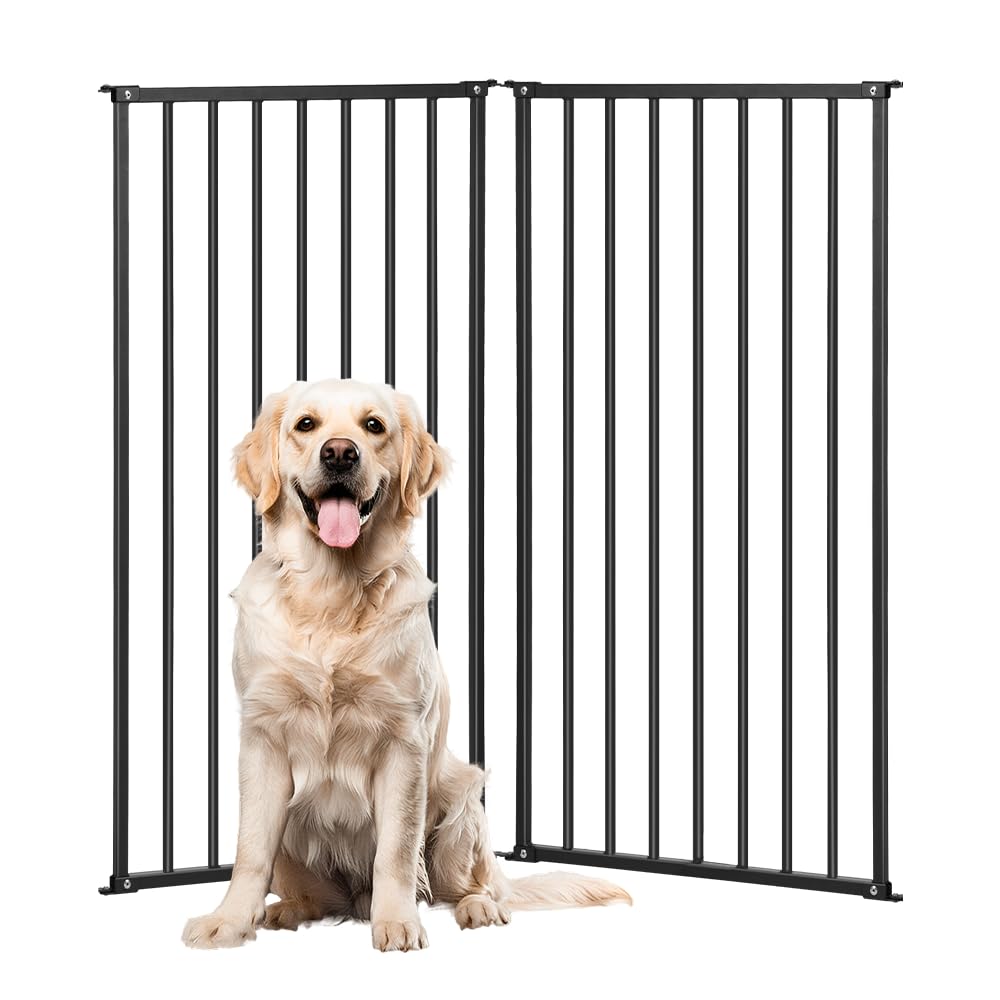 View 1 of 2 Panels Metal Freestanding Dog Gates with Door,40''W Detachable Foldable Dog Fence Indoor Outdoor Puppy Gate, 32''H Free Standing Tall Pet Gate for Doorways,House,Stairs,Porch,Deck,Yard