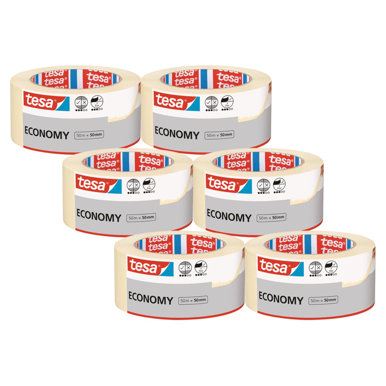 tesa UK Masking Tape ECONOMY EcoLogo - Painters Tape, 4 Days Residue-Free Removal, Without Solvent - Narrow, 6x 50 m x 50 mm, Clear