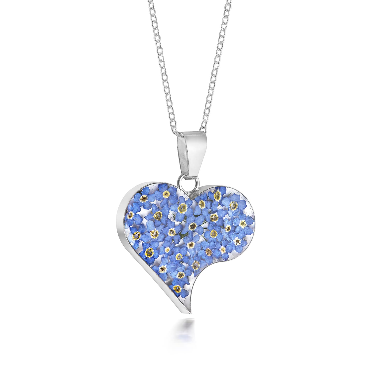 Natural Flower Jewellery Sterling Silver Asymetric Heart Pendant Made with Real Forget Me Nots