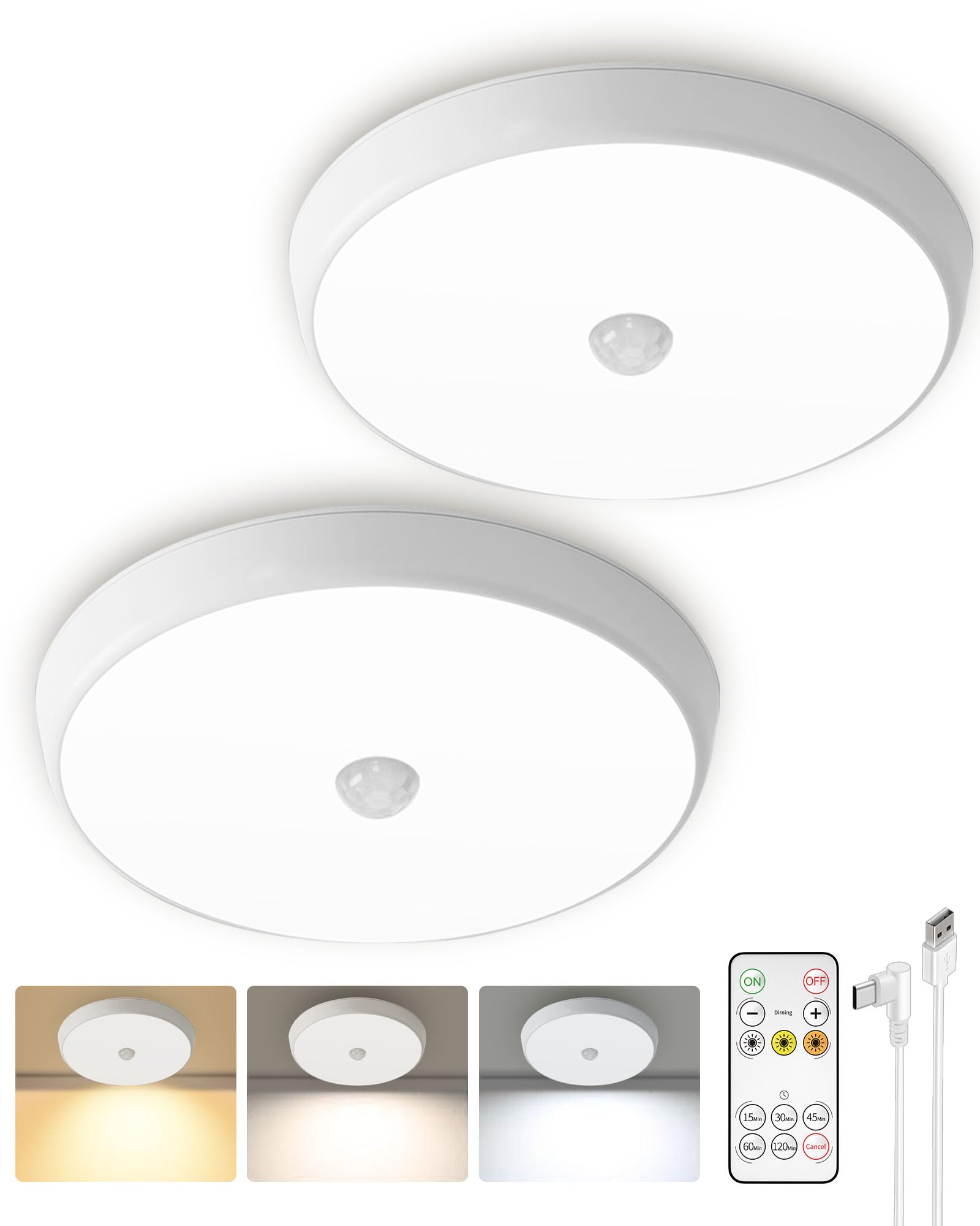 Photo 1 of Motion Sensor Light Indoor, 2-Pack, 10000mAh, 7.1inch, 400LM, Remote Control, Dimmable, LED, Flush Mount, Wireless, Rechargeable, Battery Operated, Cordless, Ceiling Light, Closet Light, No Wiring