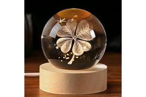IFOLAINA 3D Four-Leaf Clover Crystal Ball 60mm Good Luck Gifts Ideas with Multicolor Lighting Base