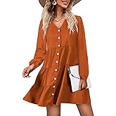 Amoretu Women V Neck Dresses Long Sleeve Button up Swing Short Dress (Caramel,L)