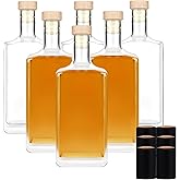 Liengoron 6Pack 8 oz Glass Bottles with Lid 250 ml Clear Empty Bottles with Cork Square Glass Bottle with Cap for Liquor Vodka Brandy Whiskey Beer Water Soda