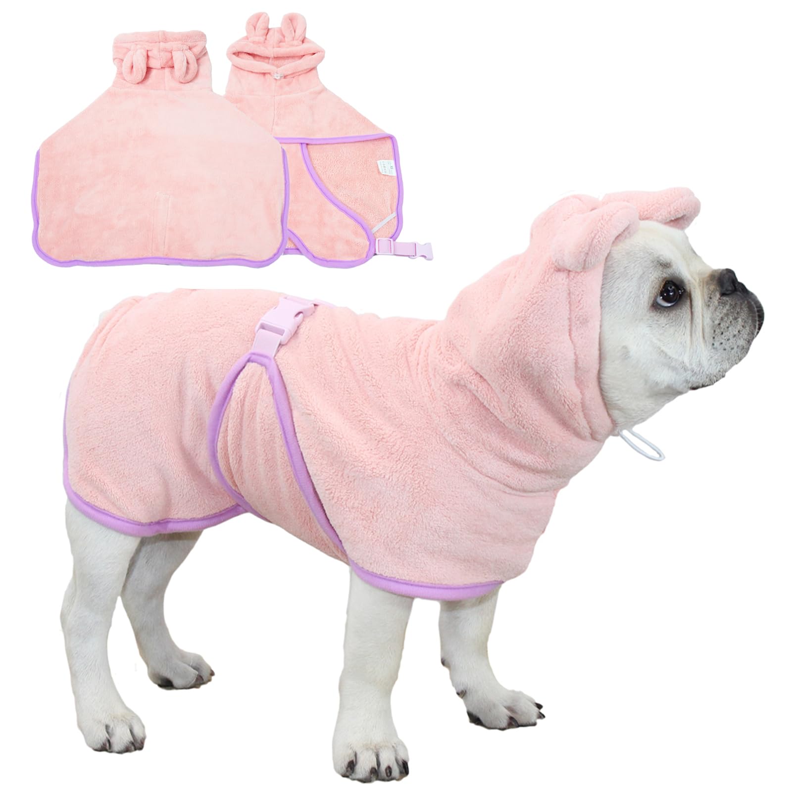 Fnaobai Pet Bathrobe for Dog Cat Absorbently Quick Drying Coat Cute Dogs Bath Towel Hooded Robe Adjustable Collar & Belly Strap for Pool Beach (Pink, L)