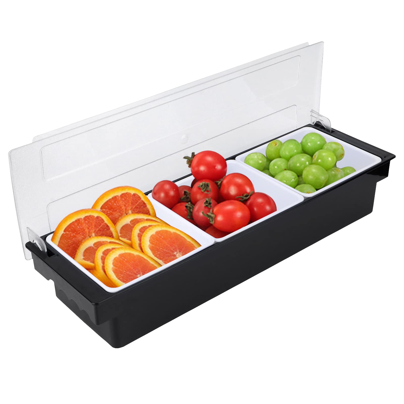 HERCHR Condiment Dispenser, Large Plastic Condiment Holder Bar Fruit Caddy Salad Tacco Cocktail Garnish Tray for Snack Station, Buffet, Pizza Topping Station (3 Compartment)