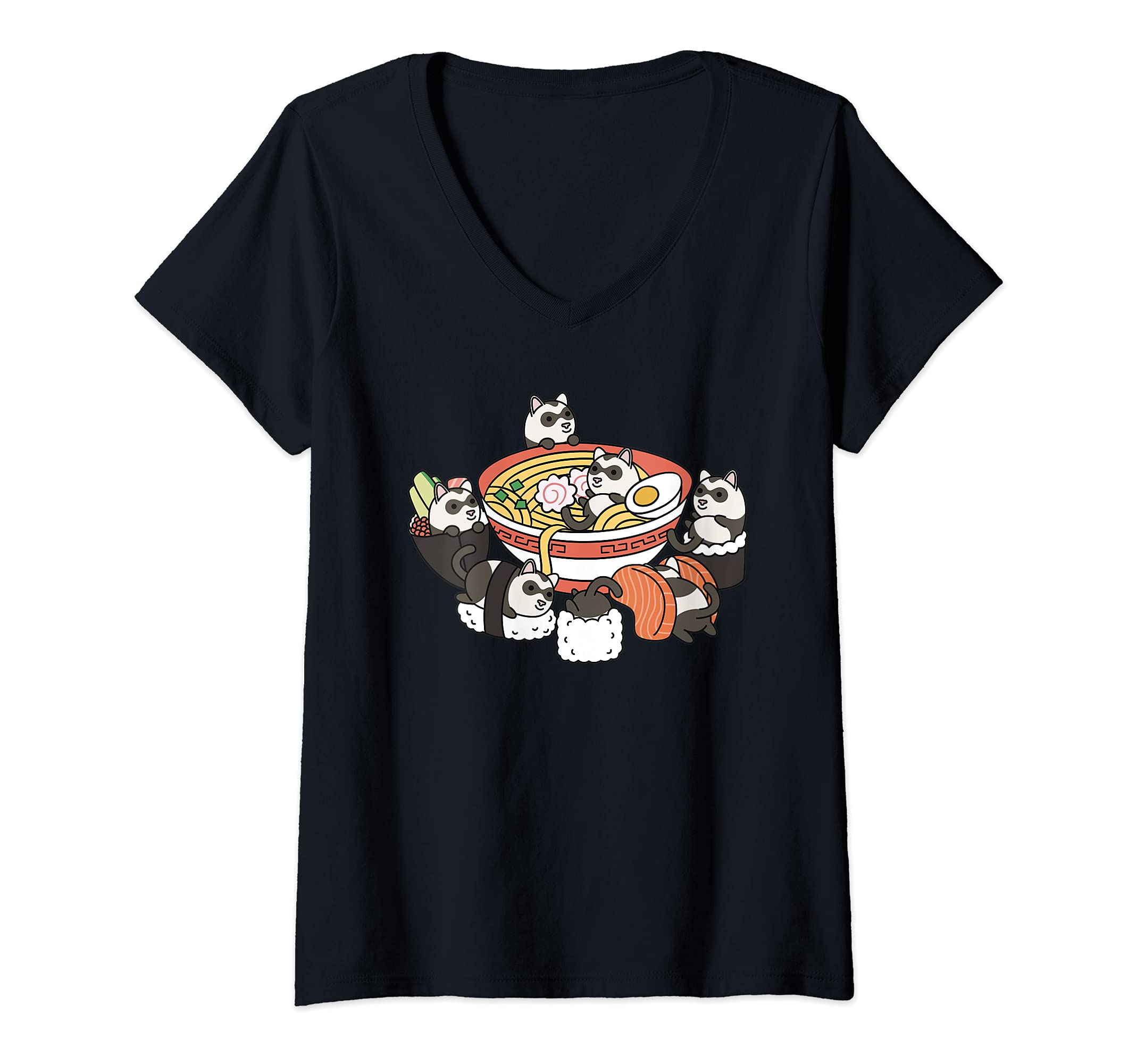 Womens Ramen Sushi Ferret Pet V-Neck T-Shirt