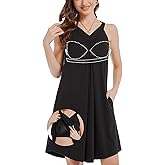 ANYFITTING Built in Bra Sundress for Women 2026 Floral Hawaiian Summer Sleevless Flowy V Neck Halter Dresses with Pocket
