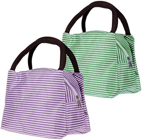 Lunch Bags, YIP Waterproof Oxford Cloth Stripe 2pc Fashion Lunch Tote Bag Lunch Bag Grocery Bags with Zipper (Purple &amp; Green)