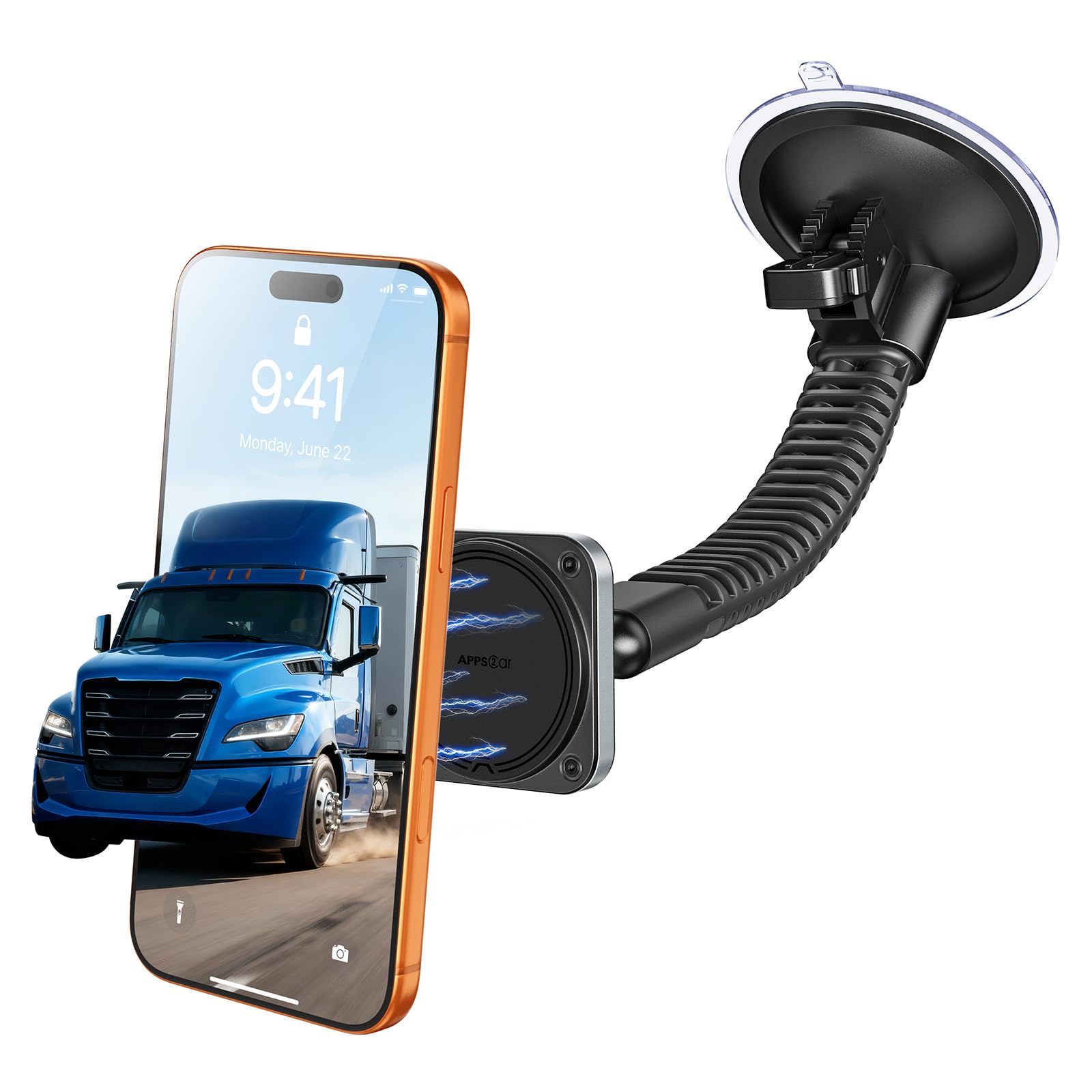 APPS2Car for Heavy-Duty MagSafe Truck Phone Mount, 4.33" Extra Large Vacuum Suction Cup, 20 Strong Magnets, Ultra-Stable Double-Rib Long Arm, Magnetic Phone Holder for Pickup, Semi Trucks, Tractor
