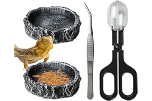 GKPONSX 2 Pack Reptile Food Bowls, Imitating Rock Design Water Dish and Feeder Food Bowls with Tongs Bug Scooper for Leopard Gecko Snake Lizard Turtle Chameleon