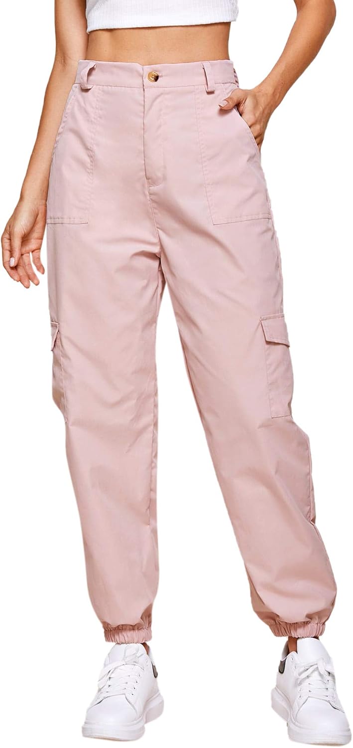 Milumia Women's Casual Solid Trouses Button Fly Cargo Pants with Pockets Baby Pink at Amazon 
