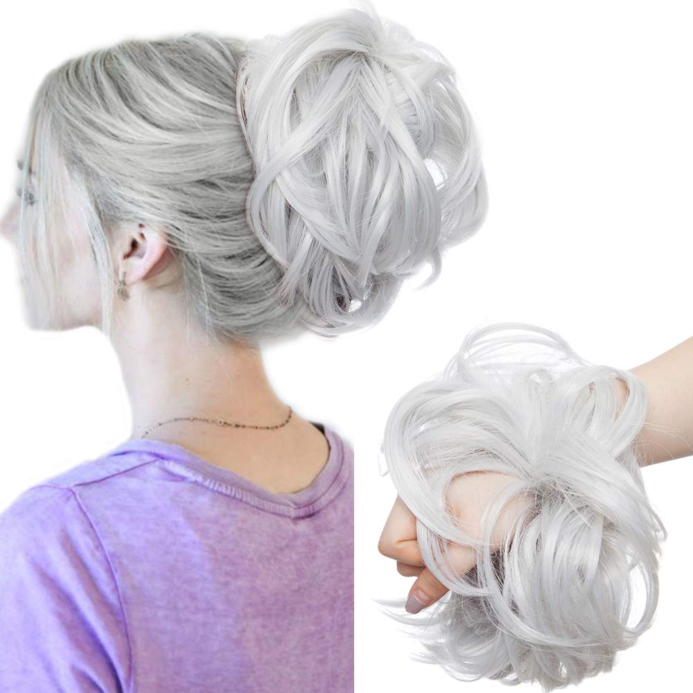 Large Updo Messy Bun Hair Extension Wavy With Elastic Rubber Band 80G Synthetic Thick Chignon Donut Ponytail Hairpiece For Women, Silver Grey