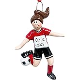 UniqXmas Personalized Soccer Girl Christmas Ornament 2025 | Female Player in Red Black Uniform Kicking The Ball for Xmas Tree | Soccer Player Coach Team Fan Keepsake Gift - Custom Name & Year