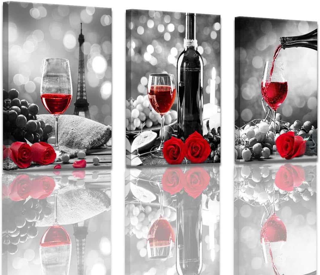 Kitchen Wall Decor Canvas Art Red Wine Decor Black and White Eiffel
