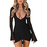 GOBLES Women's Sexy Long Sleeve Deep V Neck Drawstring Bodycon Mini Cocktail Party Dress