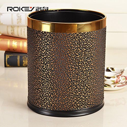 Carved Grain Double Layers Round Pu Leather Trash Can with silver ring Metal Waste Bin Garbage Container Stainless Steel Iron Structure Dustbin case for Home Office (black gold carve)