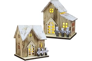 Beaupretty 2pcs Wooden Led Christmas Village Illuminated Christmas House Rustic Wood House Figures Miniature Christmas Town Winter Village Houses Christmas Table Decoration Gifts
