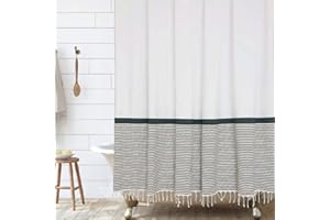 HALL & PERRY Modern Farmhouse Tassel Shower Curtain 100% Cotton Striped Fabric Shower Curtain with Tassels for Bathroom Décor (Tan, 72"x72")