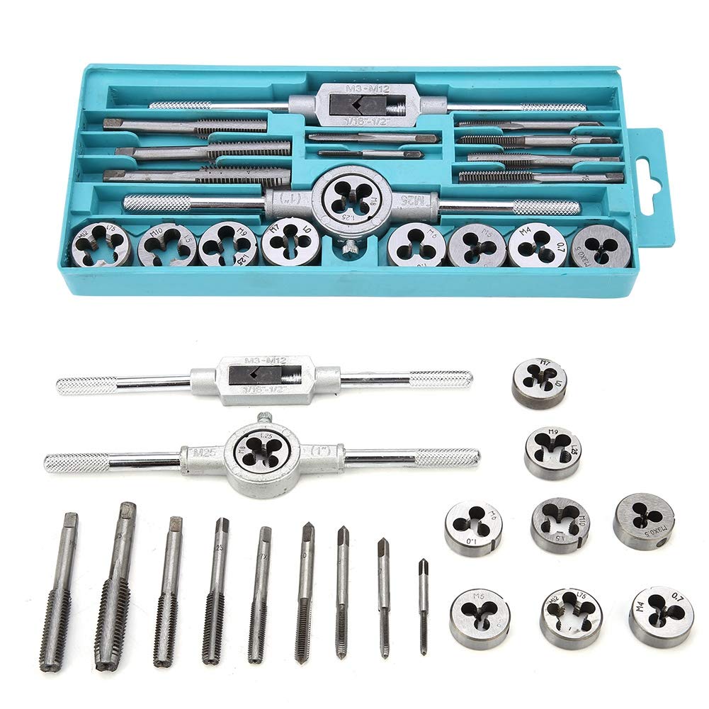 20pcs Tap & Die Set, Alloy Tool Steel M3~M12 Screw Thread & Tap Wrench & Die Wrench Hand Tool Set with Box, Tap Holder