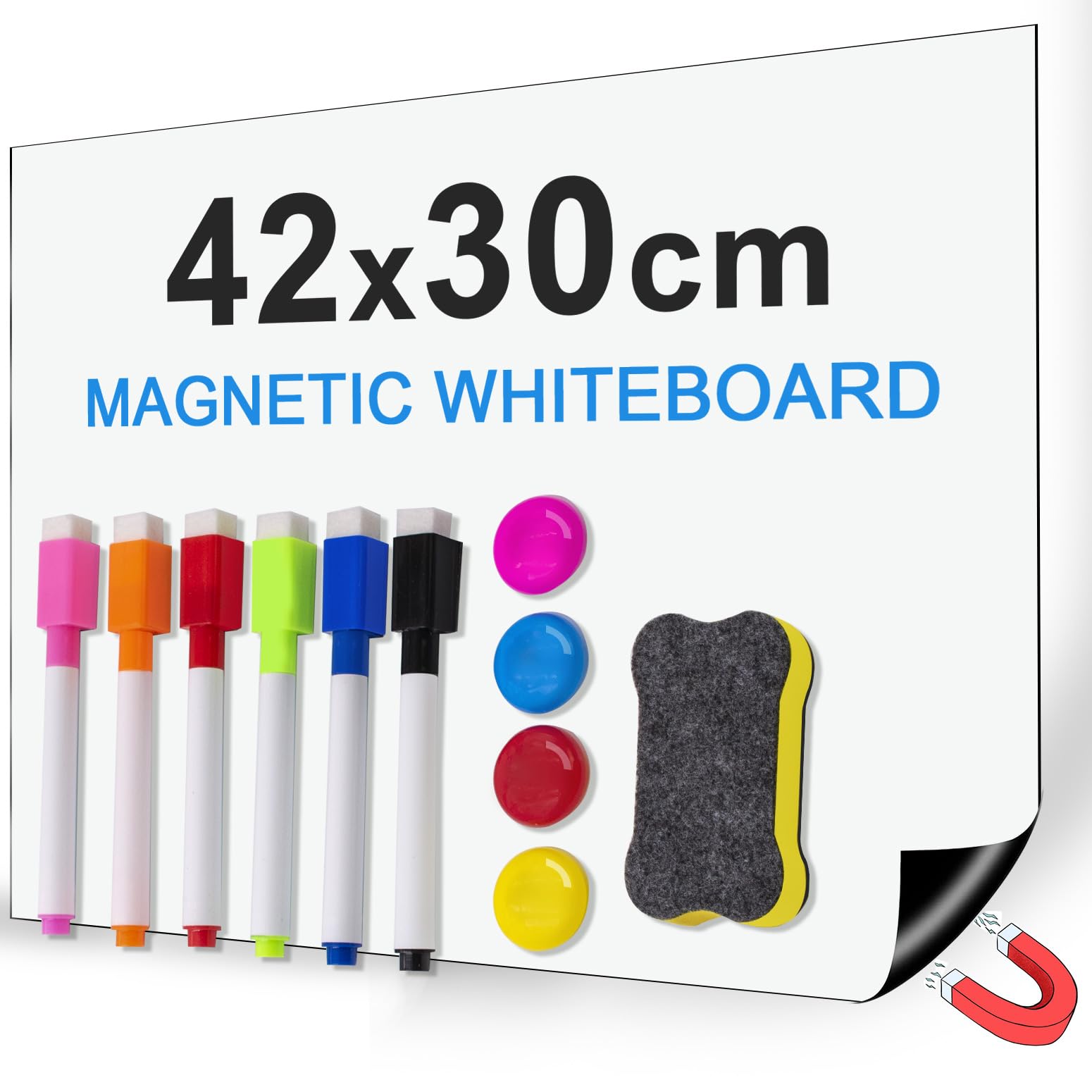 Ezigoo Magnetic Whiteboard for Fridge A3, Dry Erase Magnet White Board, Weekly Organizer & Memo Board, Whiteboard Magnetic with 6 Markers, 1 Eraser, 4 Magnets for Home and Office to Do List