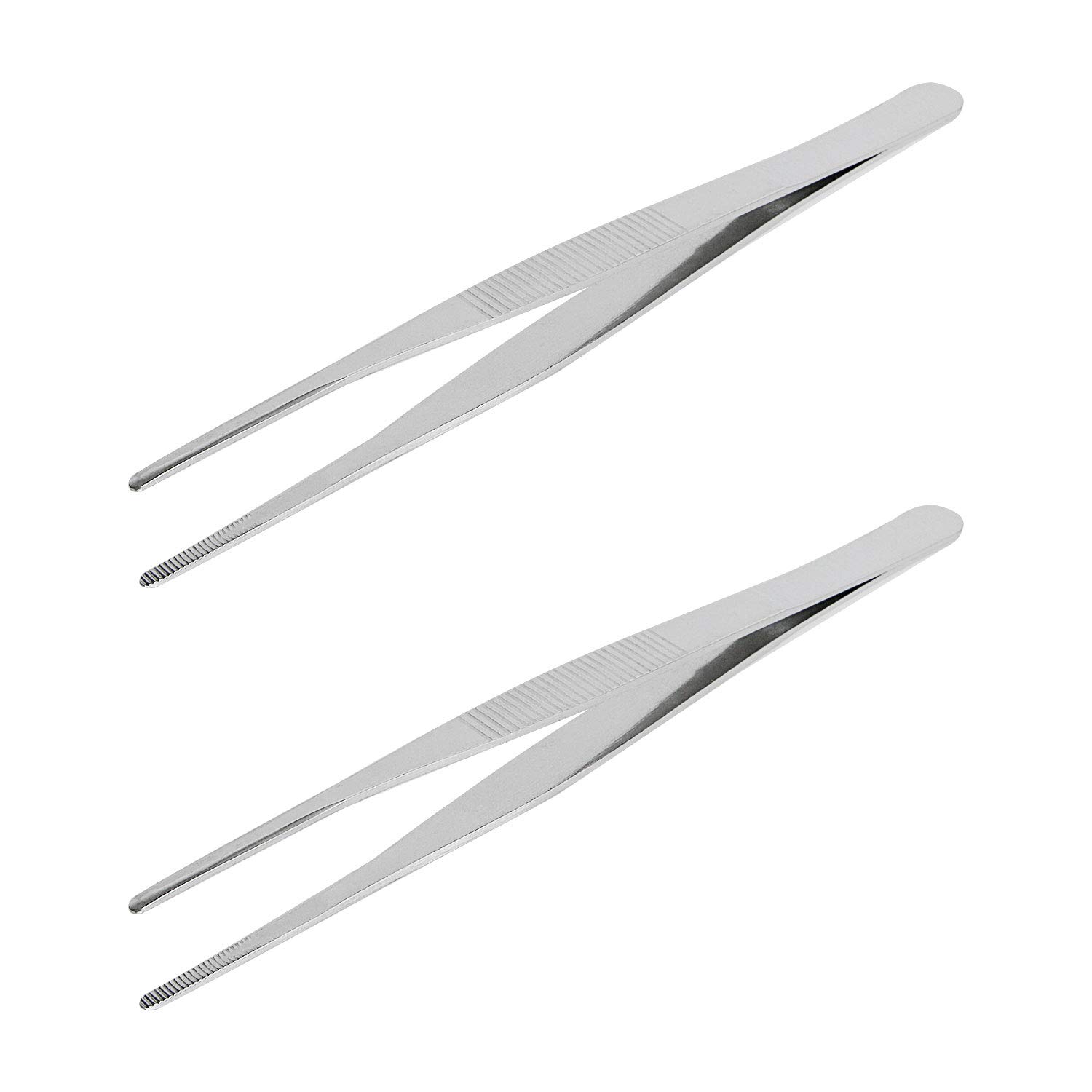 Aoje-Link Stainless Steel Straight Blunt Tweezers, with Precision Horizontal Serrated Tips, Used for Repairs, Barbecues, Auxiliary Tools, Silver, 2pcs