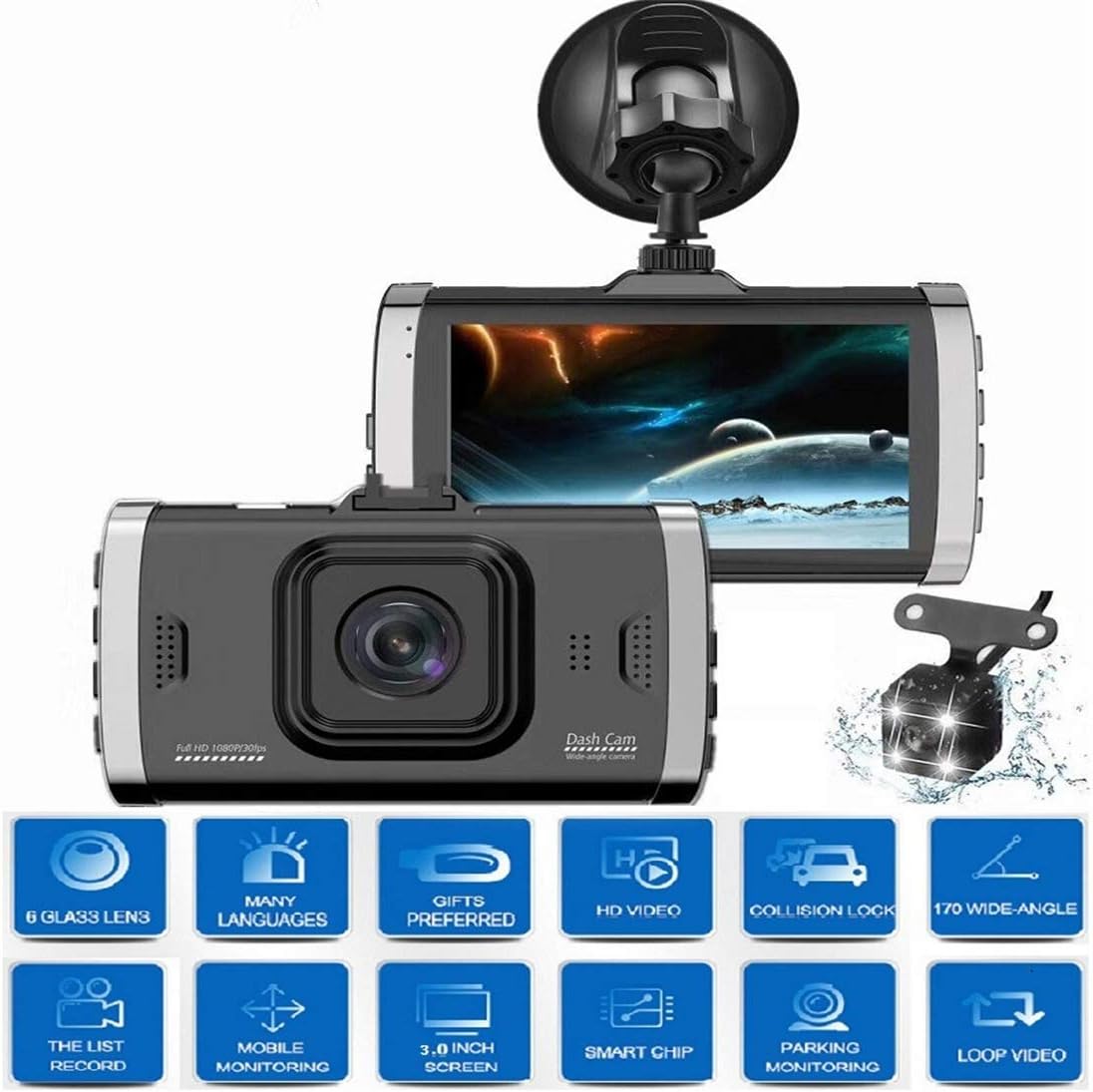 TongBao Dash Cam Front and Rear 1080P Full HD Dual Dash Camera for Cars 170 Wide Angle HDR with 3.0" LCD Display Night Vision Motion Detection and G-Sensor