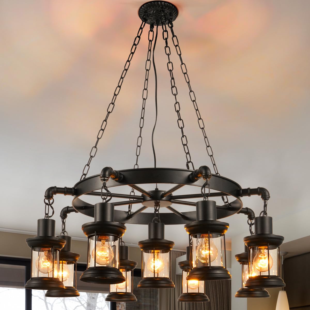 Photo 1 of ****It's unknown if it's missing parts; it's used, and it's not known if it works 100%.**MORE CHANGE 9 Lights Industrial Chandelier Black Metal Vintage Adjustable Hanging Pendant Lighting with Glass Lampshade Modern Ceiling Light Fixture for Kitchen Islan