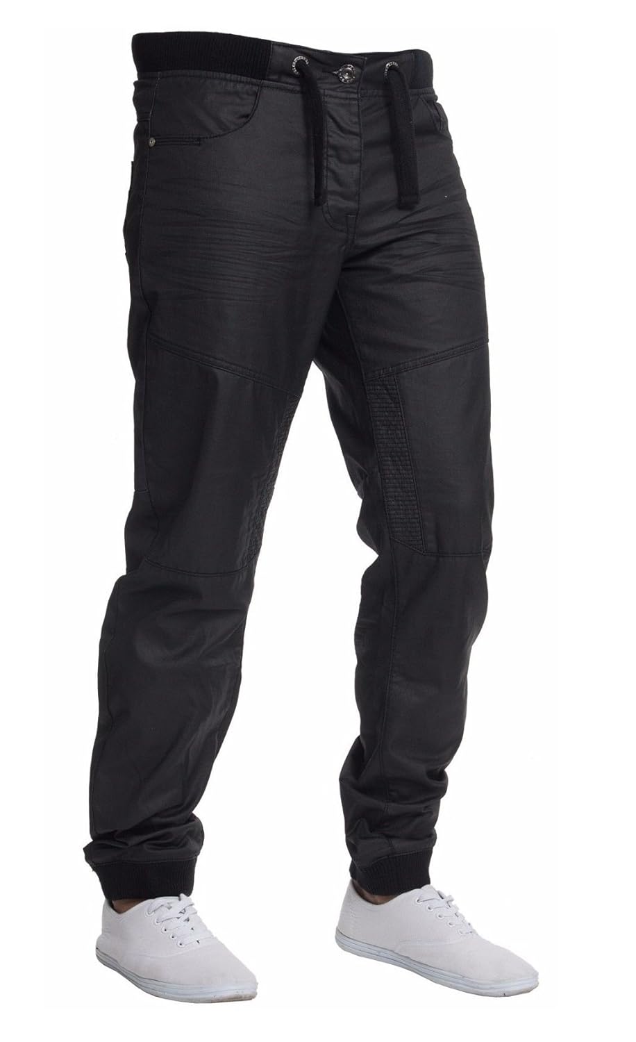 Enzo Men's Designer Black Coated Cuffed Jogger Jogging Elasticated