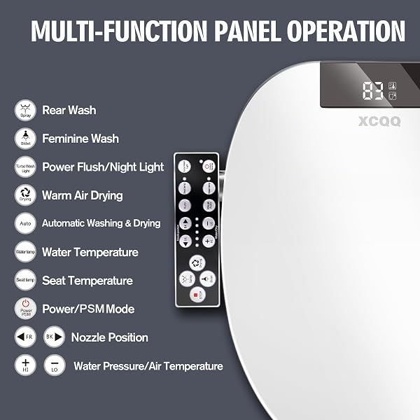 XCQQ ELECTRIC HEATED BIDET TOILET SEAT WITH WARM WATER WASH, WARM AIR DRYER, SOFT CLOSED LID, NIGHT LIGHT, LED DISPLAY, TOILET SEAT WITH BIDET REQUIRES OUTLET – ROUND