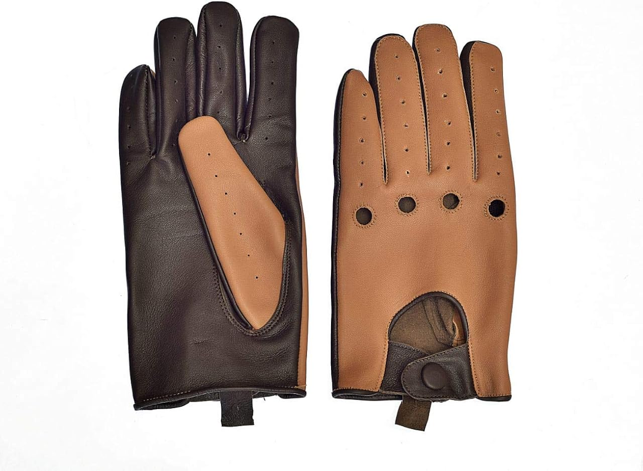 Men's TwoTone Unlined Leather Driving Gloves in Tan and Brown at