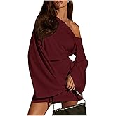 SOLY HUX Women's Asymmetrical Mini Dress Off The Shoulder Long Sleeve Casual Bodycon Dresses Pure Burgundy Large