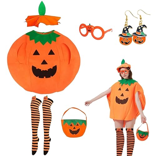 Ryfpdml 6 PCS Halloween Pumpkin Costume Adults Women, Pumpkin Adults Fancy Dress, Womens Halloween Outfits with Pumpkin hat Socks Hand Bag Glasses Earrings (C)