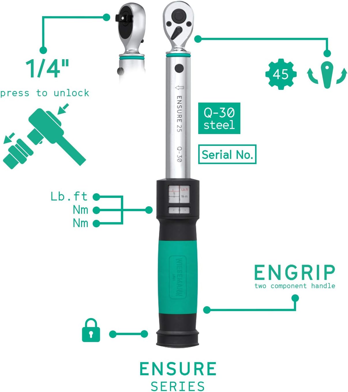 WIESEMANN 1893 Torque Wrench for Bicycles 1/4 inch 3-25Nm Ensure Series from I Torque Wrench with Double Scale & Right-Hand Tightening I Made of Q-30 Chrome-Plated Steel I in Trasport Box I 81444 - Image 3