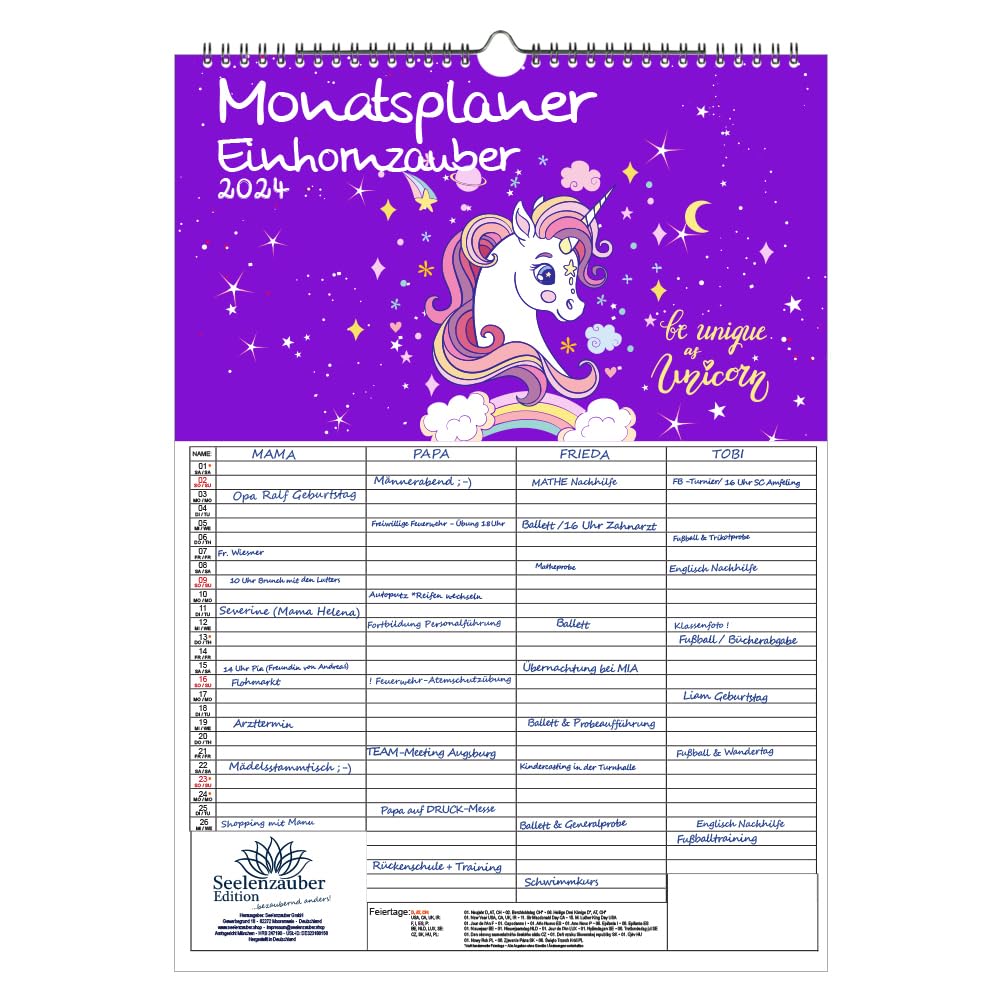 Einhornzauber Wall Planner Family Planner 4 Column Planner A3 Calendar for 2024 Unicorn Unicorns Unicorn Seelenzauber