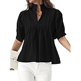 Womens Babydoll Peplum Summer Tops Short Puff Sleeve Blouse V-Neck Pleated Loose Fit Dressy Casual Shirts