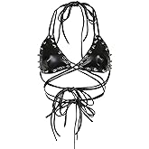 FlyCC Rave PU Leather Top for Women Party Dance Bralettes Strappy Criss Cross Crop Top Bra Music Festival Outfits