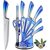 Knife Set, 9-Piece Kitchen Knife Set with Sharpener,Scissors, Dishwasher Safe Non Stick Sharp Stainless Steel Chef Knife Block Set with Acrylic bracket for Kitchen (Gradient Blue)