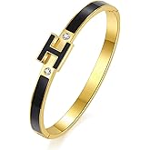 Watdoc H Bracelet for Women - 18K Gold Plated Titanium Steel Cuff | Cubic Zirconia Bangle Jewelry Gift, Simple & Durable Everyday Wear (S/M/L Size)
