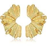FAUTHENTICUTE Chunky Gold Statement Earrings For Women Gold Plated Sectored Flower Leaf Shell Angel Wing Earrings Trendy Boho Jewelry For Women Large Stud Earrings Hypoallergenic Earrings