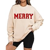 Arssm Women's Merry Christmas Sweatshirt Graphic Chenille Patch Letter Printed Crewneck Xmas Oversized Pullover Top