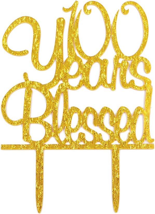 Firefairy(TM) 100 Years Blessed Acrylic Cake Topper 100th Birthday Anniversary Party Decoration Supplies(Gold)