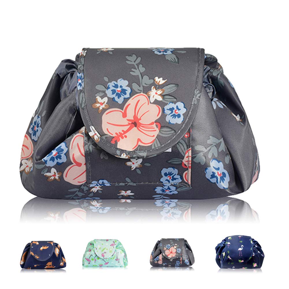 Lazy Drawstring Makeup Bags, Large Capacity Waterproof Travel Portable Cosmetic Bag Pouch Makeup Pouch Storage Organiser for Women Girl (Flower)