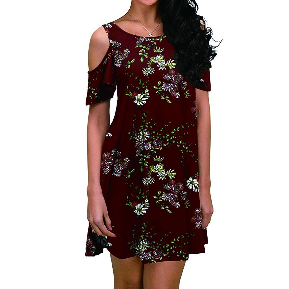 Donnalla Women\'s Summer Cold Shoulder midi Dress Tunic Top Swing T-Shirt Loose Dress with Pockets(Wine Red Floral Large)