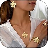 Decixde Gold Flower Earrings Necklace Bracelet Ring Set for Women Flower Earrings Necklace Set Floral Jewelry Sets for Brides Wedding Guest Dresses for Women