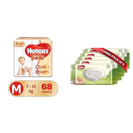 Huggies Ultra Soft Pants Diapers, Medium (Pack of 68) & Huggies Baby Wipes - Cucumber & Aloe, Pack of 5 (360 Wipes)