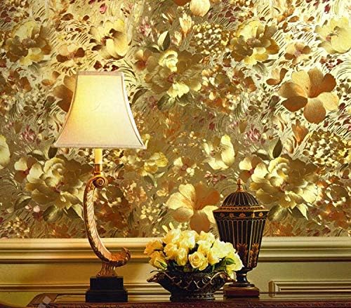 DUOCK Luxury 3D Metallic Wallpaper Gold Foil Wallpaper for Living Room Entrance Study Walls 3 D Golden Flower Texture Wall Paper Roll,Golden,53Cmx950Cm