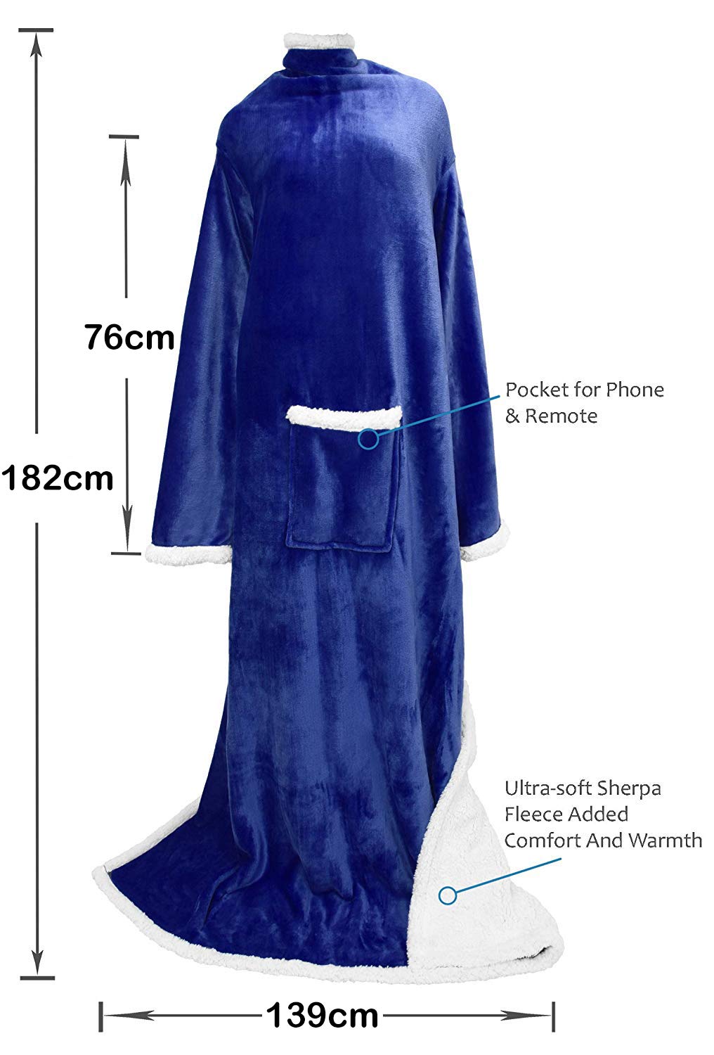 Catalonia Platinum Blanket with Sleeves, Dual Microplush Fleece Sherpa Warm Blankets for Adult Women Men 183cm x 140cm, Blue